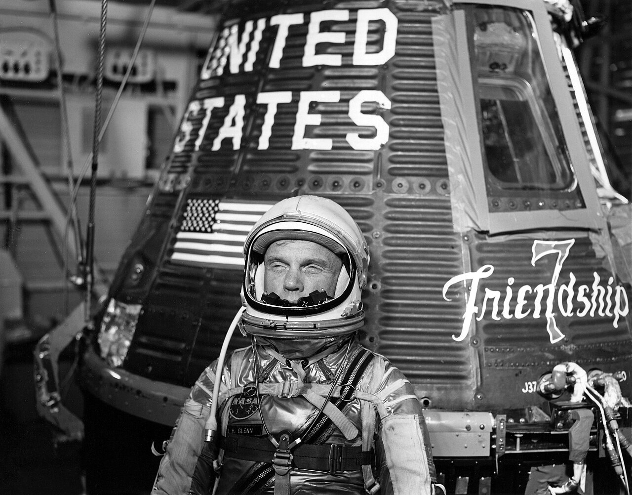 John Glenn in front of the Friendship 7 — archival photograph