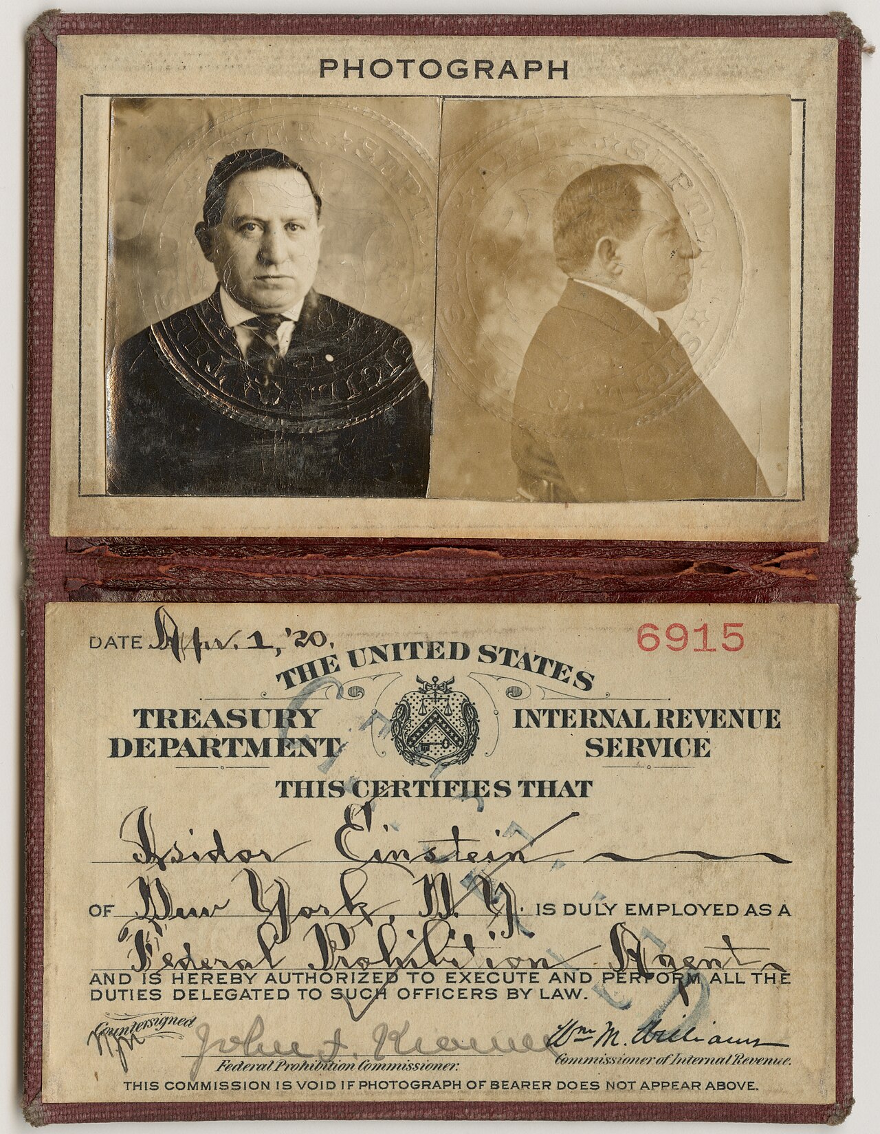 Identification Card for Prohibition Agent Isidor Einstein